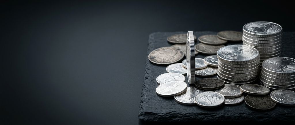 Silver bullion coins and old silver coins on slate